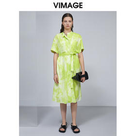 VIMAGE纬漫纪夏季印花系带收腰过膝连衣裙V1507146