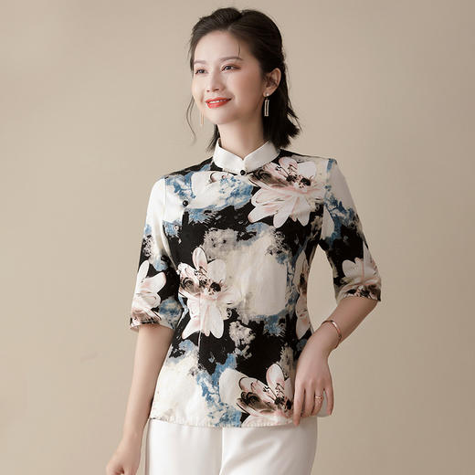 上海旗袍厂AYK-QF-210301印花亚麻上衣女修身中袖立领唐装女复古女装2021夏季新品国风 商品图1