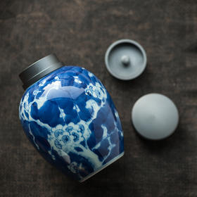 「陶瓷青花手绘茶叶罐」金属盖储物罐 小号密封灌 装存茶盒旅行便携