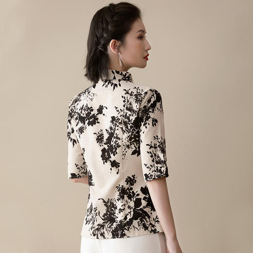 上海旗袍厂AYK-QF-210301印花亚麻上衣女修身中袖立领唐装女复古女装2021夏季新品国风 商品图3