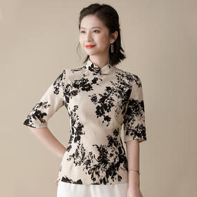 上海旗袍厂AYK-QF-210301印花亚麻上衣女修身中袖立领唐装女复古女装2021夏季新品国风