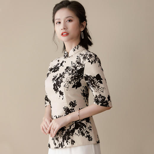 上海旗袍厂AYK-QF-210301印花亚麻上衣女修身中袖立领唐装女复古女装2021夏季新品国风 商品图2