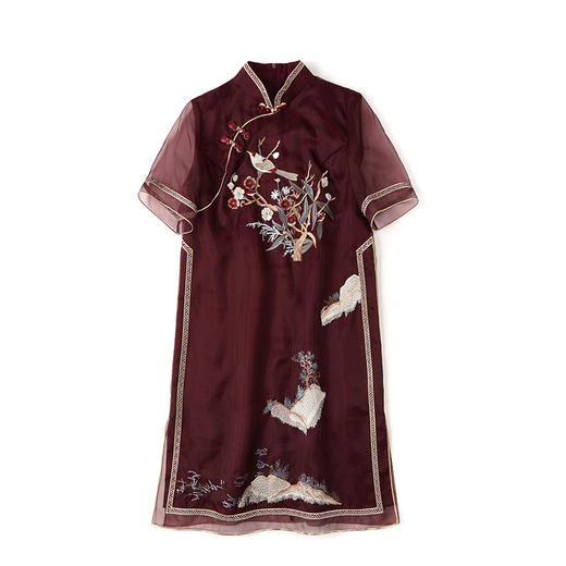 上海旗袍厂AYK-QF-210305桑蚕丝欧根纱绣山鸟改良宽松旗袍复古中袖连衣裙2021夏中国风女装 商品图4