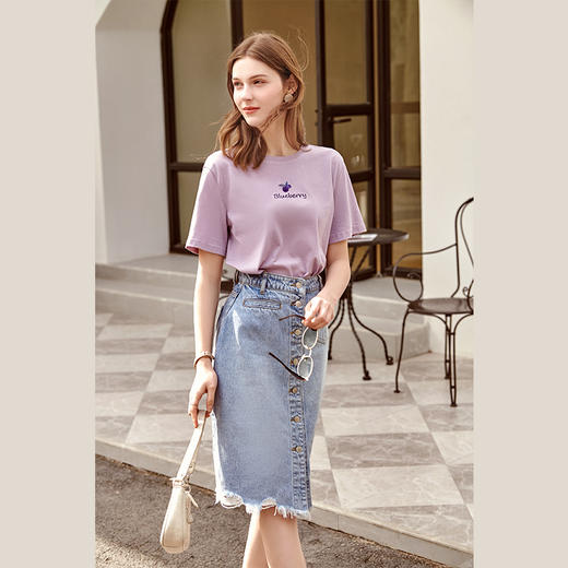 欧芮儿牛仔半身裙女2021新款高腰单排扣毛边开叉中长款A字裙 商品图0