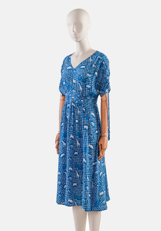 袖抽绳打折宽断腰V领连衣裙 商品图1