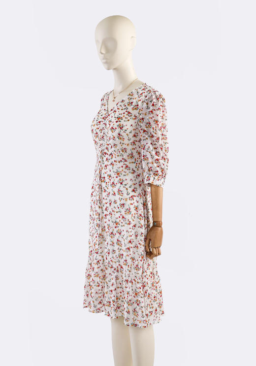 前抽绳宽荷叶摆中袖连衣裙 商品图1