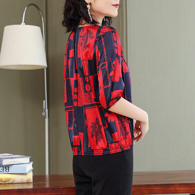 TC-590真丝半袖印花衬衣女2021夏装新款品牌气质宽松上衣显瘦T恤小衫潮 商品图4