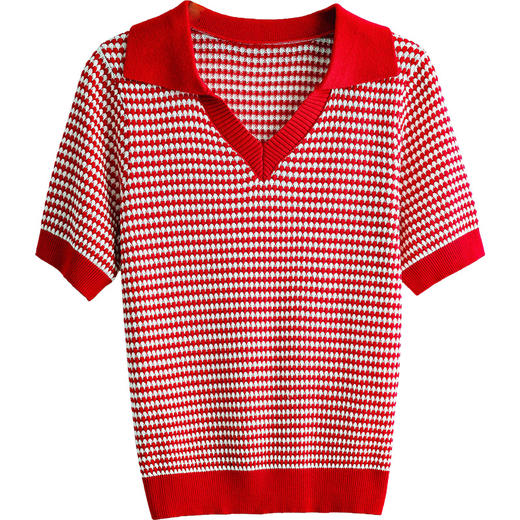 欧芮儿红色毛针织衫女2021新款夏法式经典复古小翻V领套头衫 商品图3