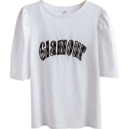 欧芮儿白色圆领t恤女2021新款灯笼袖时尚贴布绣字母休闲上衣 商品图3