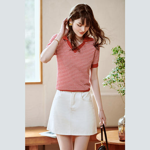 欧芮儿红色毛针织衫女2021新款夏法式经典复古小翻V领套头衫 商品图2