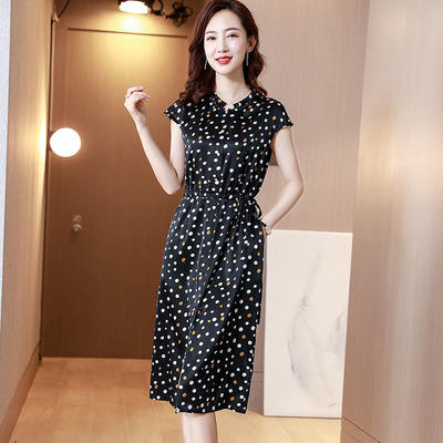 TC- 85910桑蚕丝真丝连衣裙年轻款丝绸夏季重磅短袖波点收腰气质裙子2021新 商品图1