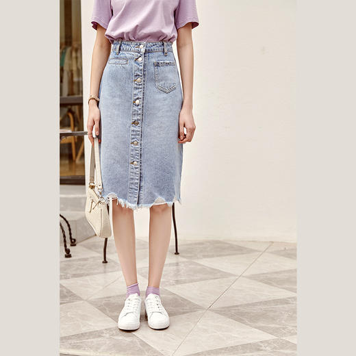 欧芮儿牛仔半身裙女2021新款高腰单排扣毛边开叉中长款A字裙 商品图2