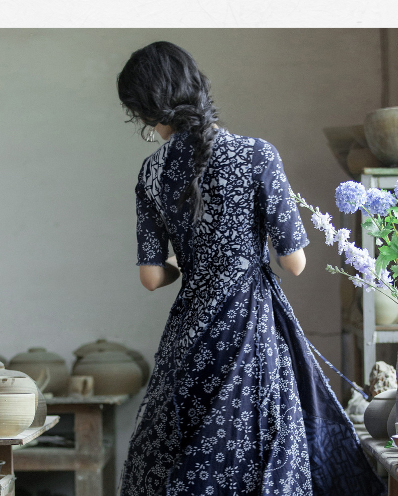 林栖日着非遗植物染蓝印花布系列原创设计连衣裙水田衣