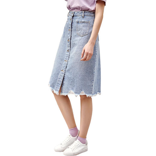 欧芮儿牛仔半身裙女2021新款高腰单排扣毛边开叉中长款A字裙 商品图3