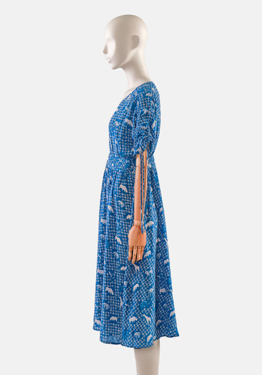 袖抽绳打折宽断腰V领连衣裙 商品图2