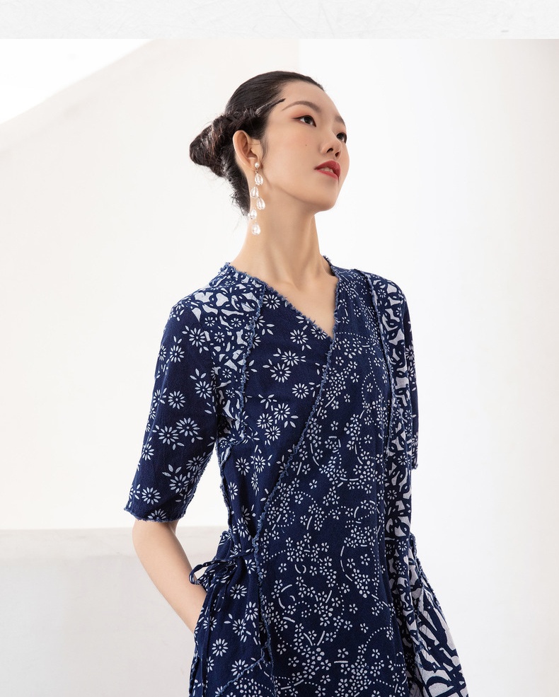 林栖日着非遗植物染蓝印花布系列原创设计连衣裙水田衣