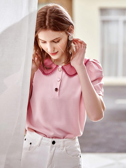 欧芮儿粉色雪纺衫女2021领百搭宽松洋气设计感小众上衣 商品图1