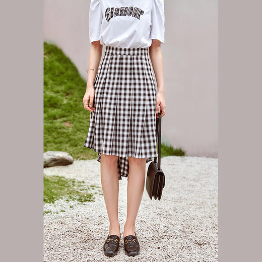 欧芮儿黑白格子半身裙2021新款高腰显瘦优雅气质复古不规则裙 商品图0