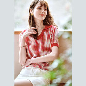 欧芮儿红色毛针织衫女2021新款夏法式经典复古小翻V领套头衫