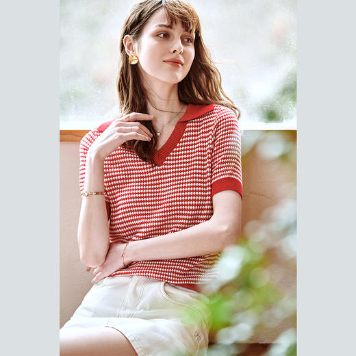 欧芮儿红色毛针织衫女2021新款夏法式经典复古小翻V领套头衫 商品图0