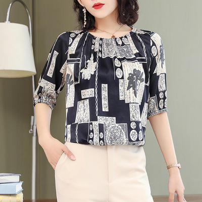 TC-590真丝半袖印花衬衣女2021夏装新款品牌气质宽松上衣显瘦T恤小衫潮 商品图1