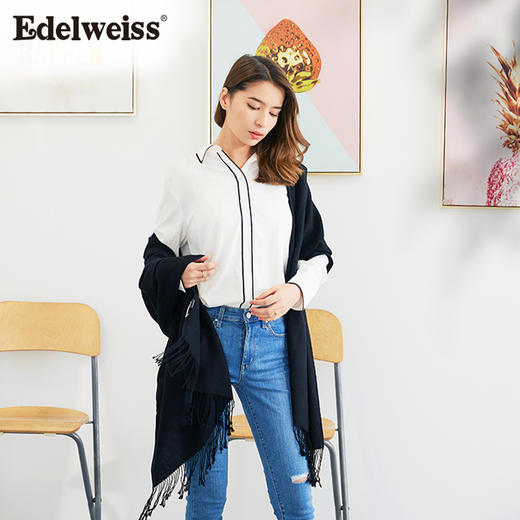 雪绒花Edelweiss 绵羊毛大披肩黑色保暖纯色长方形围巾春秋季通用 商品图0