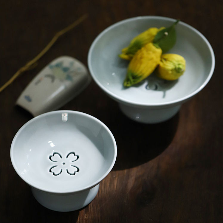 「新中式可沥水果盘」家用古典陶瓷高脚茶点盘 茶具点心干果碟零食托盘
