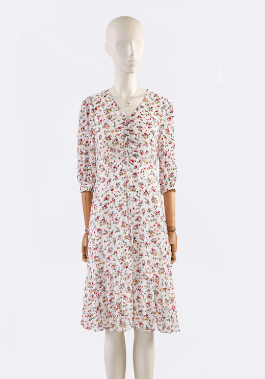 前抽绳宽荷叶摆中袖连衣裙 商品图0