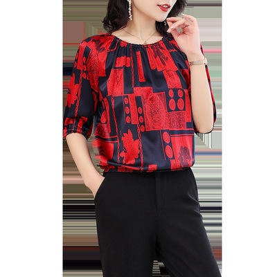 TC-590真丝半袖印花衬衣女2021夏装新款品牌气质宽松上衣显瘦T恤小衫潮 商品图2