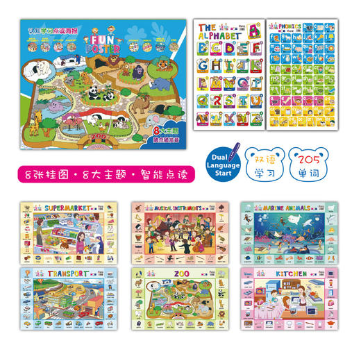 【支持小火箭点读】8大主题防水挂图 英文原版poster for children's cognitive learning 交通 动物 字母 自然拼读 点读早教 石头纸 不易破 商品图1