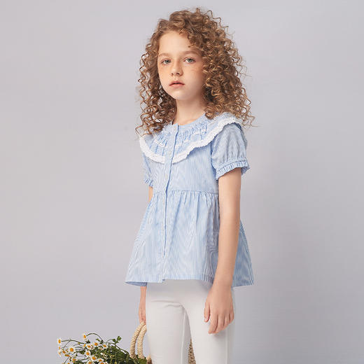 【纯棉薄衬衫】21年夏季新品女童100%棉衬衫时尚荷叶边撞色上衣 商品图2
