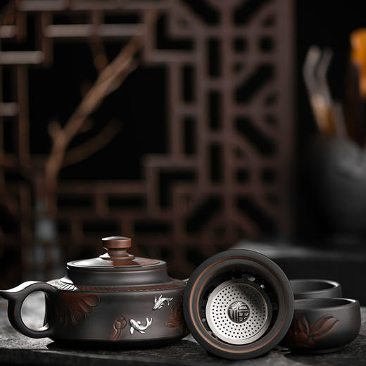 《必定有福》建水紫陶茶壶茶杯 足银镶嵌中式品茗 全手工复古送礼茶具 商品图0