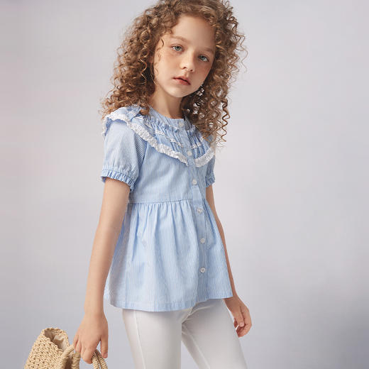 【纯棉薄衬衫】21年夏季新品女童100%棉衬衫时尚荷叶边撞色上衣 商品图1