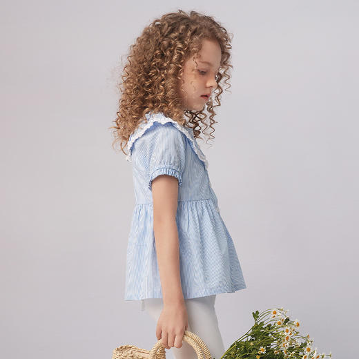 【纯棉薄衬衫】21年夏季新品女童100%棉衬衫时尚荷叶边撞色上衣 商品图3