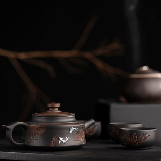 《必定有福》建水紫陶茶壶茶杯 足银镶嵌中式品茗 全手工复古送礼茶具 商品图3