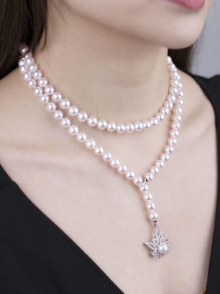 「兰花盘扣」钻石扣天女Akoya珍珠多用途项链7.5-8mm天女Akoya珍珠90cm钻石白金镶嵌兰花盘扣 商品图5