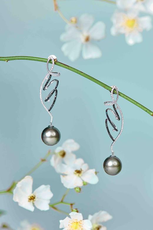 「DNA生命的密码」白钻黑钻大溪地黑珍珠耳环13mm全圆強光大溪地黑珍珠一对黑钻白钻18K白金镶嵌 商品图0