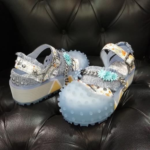 LFGJ4859设计师款爆裂牛皮/牛仔布拼接凉鞋 商品图11