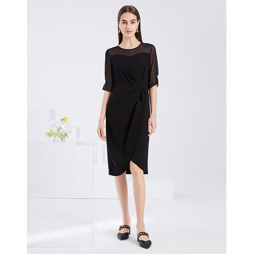 EITIE爱特爱夏季新款洋气网纱拼接一字肩收腰显瘦黑色连衣裙6207988 商品图1