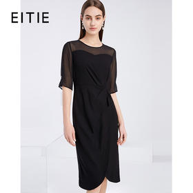 EITIE爱特爱夏季新款洋气网纱拼接一字肩收腰显瘦黑色连衣裙6207988