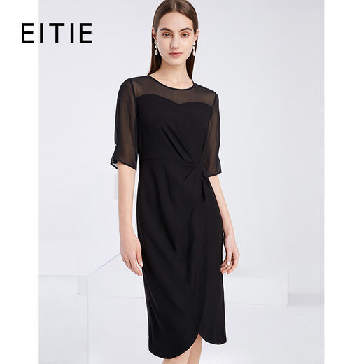 EITIE爱特爱夏季新款洋气网纱拼接一字肩收腰显瘦黑色连衣裙6207988 商品图0