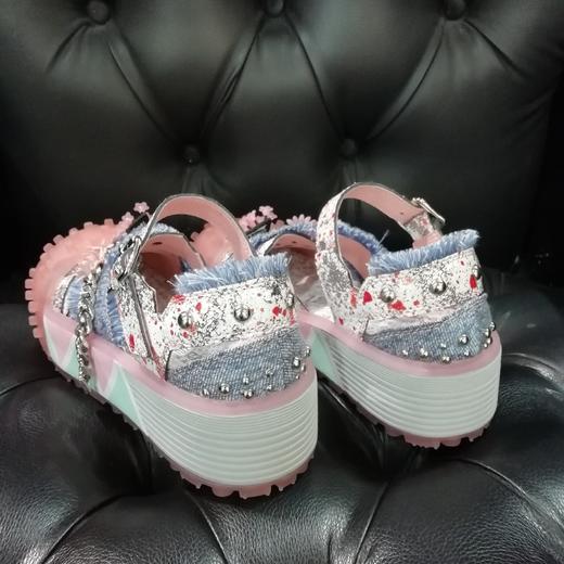 LFGJ4859设计师款爆裂牛皮/牛仔布拼接凉鞋 商品图2