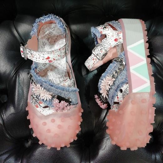 LFGJ4859设计师款爆裂牛皮/牛仔布拼接凉鞋 商品图5