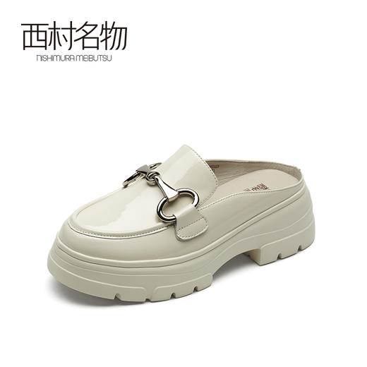西村名物夏季新款厚底松糕漆皮凉拖女牛皮革包头穆勒鞋X21AH14021 商品图1