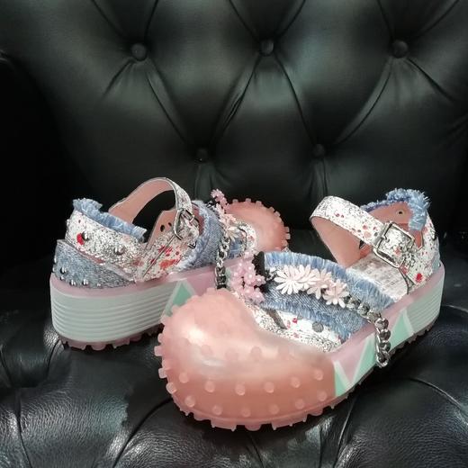 LFGJ4859设计师款爆裂牛皮/牛仔布拼接凉鞋 商品图3