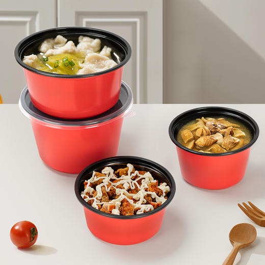 喇叭花一次性饭盒加厚pp塑料圆碗方盒黑红外卖盒快餐盒汤碗密封不漏带盖 商品图4