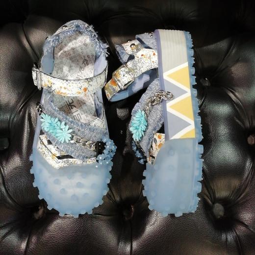 LFGJ4859设计师款爆裂牛皮/牛仔布拼接凉鞋 商品图10