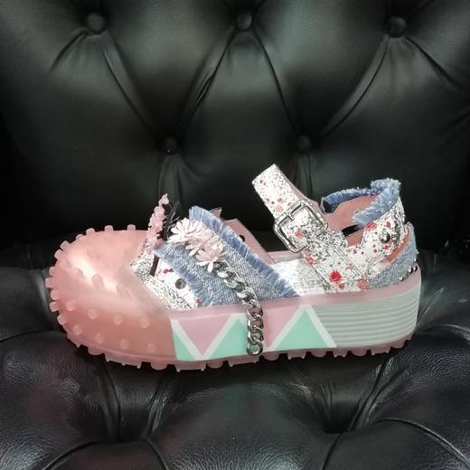 LFGJ4859设计师款爆裂牛皮/牛仔布拼接凉鞋 商品图1