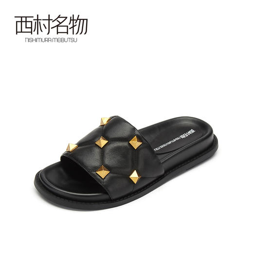 西村名物2021春季新款网红铆钉外穿简便懒人平底女牛皮凉拖T21BJ23341 商品图1