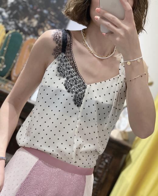 TYNVIE 不对称蕾丝肩带真丝背心 - 波点 商品图4